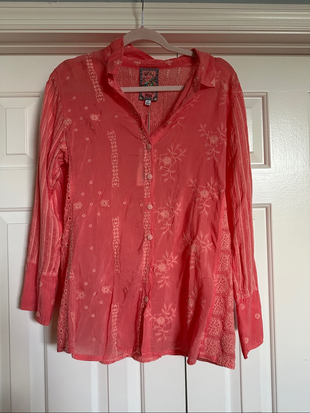Johnny Was Coral Button-Front Embroidered Blouse